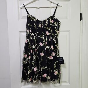 Lulu's Black Dress with Pink Floral Embroidery